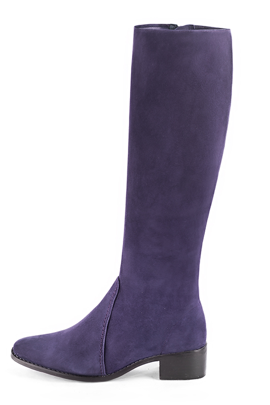 Lavender purple women's riding knee-high boots. Round toe. Low leather soles. Made to measure. Profile view - Florence KOOIJMAN